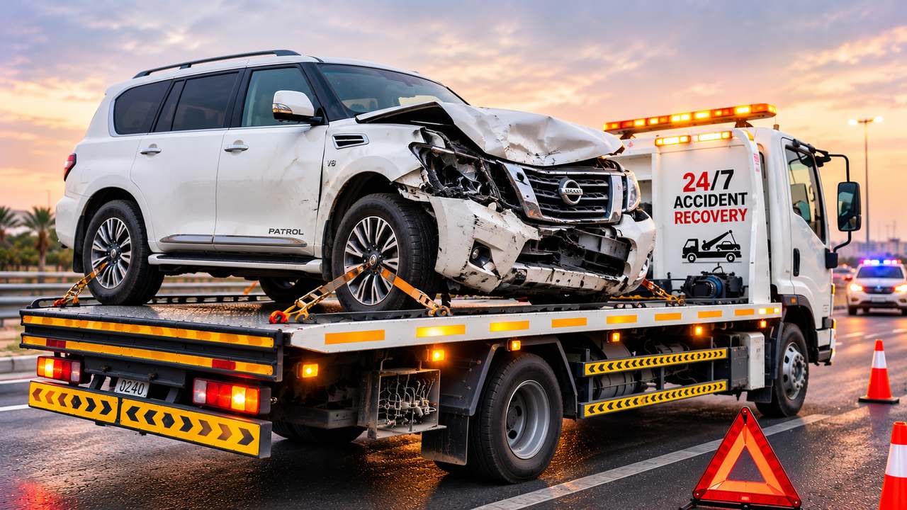 Accident Recovery in Sharjah Accident recovery flatbed carrying a damaged SUV in Sharjah