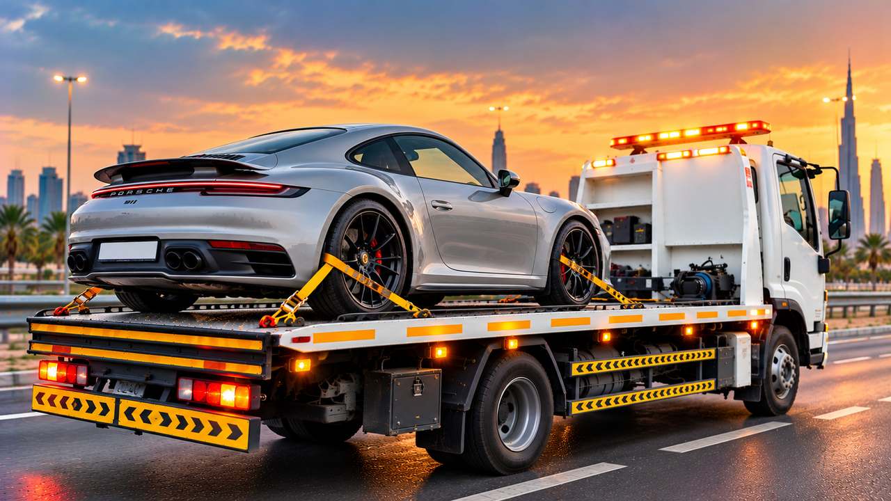 Luxury and Sports Car Transport in Sharjah Flatbed truck transporting a silver sports car with the city skyline behind