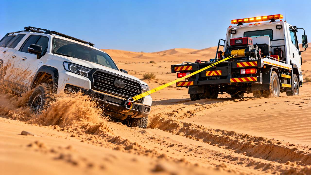 Desert and Off-Road Recovery UAE Recovery truck winching a 4x4 out of desert sand in the UAE