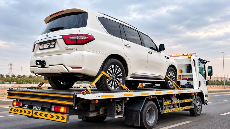 24/7 emergency car recovery in Sharjah | Fast Recovery Services Flatbed truck carrying a white SUV during an emergency recovery at dusk in Sharjah