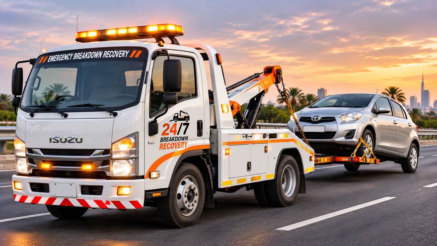 Breakdown recovery in Sharjah | Fast Recovery Services Recovery truck marked emergency breakdown recovery towing a car in Sharjah