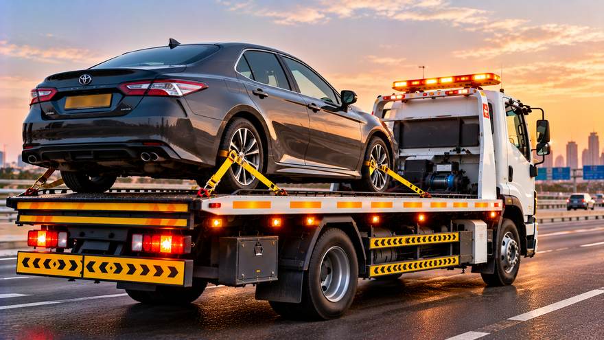 Flatbed towing service in Sharjah | Fast Recovery Services Dark sedan secured with straps on a flatbed recovery truck in Sharjah
