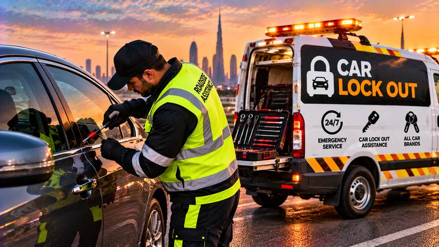 Lockout service in Sharjah | Fast Recovery Services Technician opening a locked car door beside a lockout service van in Sharjah