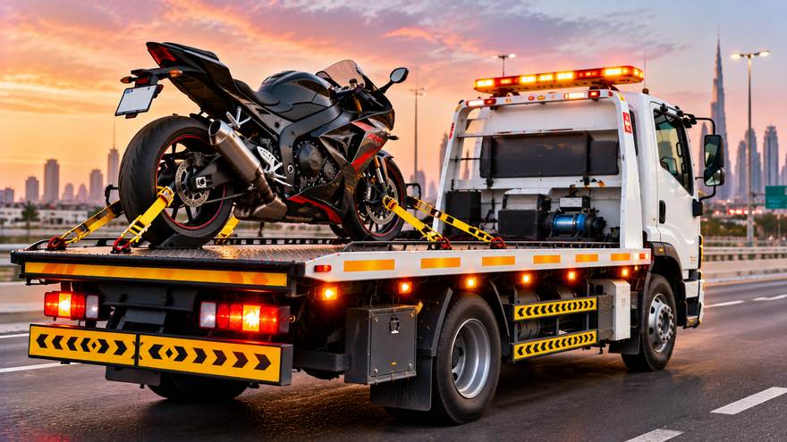 Motorcycle recovery in Sharjah | Fast Recovery Services Sports motorcycle strapped onto a flatbed recovery truck in Sharjah