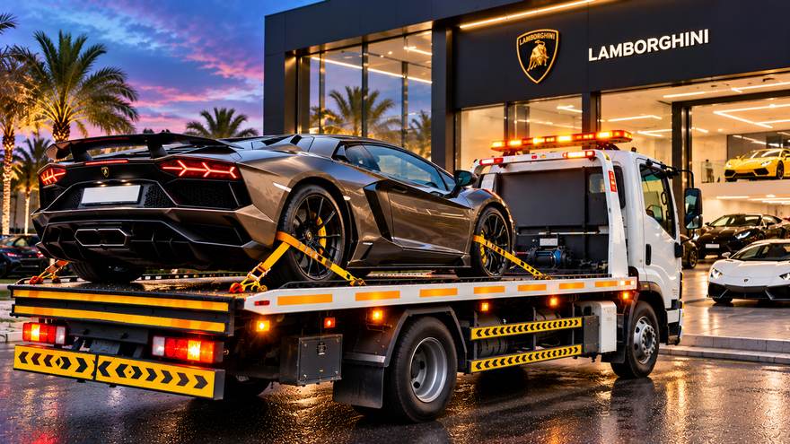 Recovery to dealership in Sharjah | Fast Recovery Services Flatbed truck delivering a sports car to a dealership showroom in Sharjah