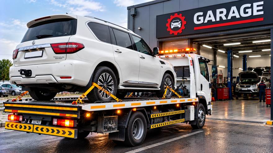 Recovery to garage or workshop in Sharjah | Fast Recovery Services Flatbed truck delivering an SUV to a garage workshop in Sharjah